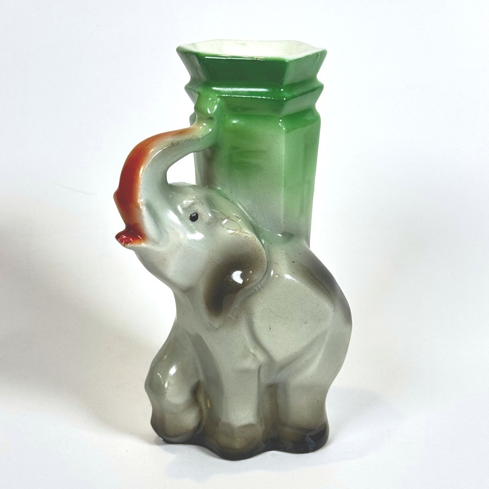 Antique Vintage German Porcelain Elephant Bud Vase Green Pillar Marked Germany 5